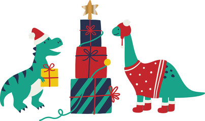 Cute Dinosaurs Celebrate Christmas with Gifts