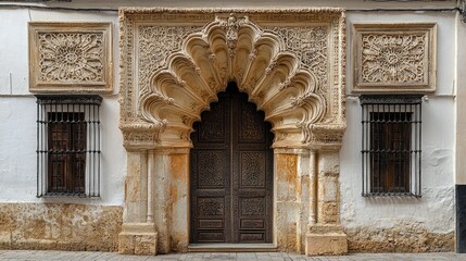 Obraz premium Intricately Carved Historical Doorway in a Whitewashed Building with Decorative Elements