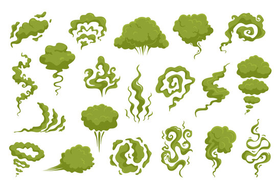 Toxic smoke. Bad smelling steams, chemical vapor, green acid gas, swirling, flowing and evaporating effect, stinky fart, poison clouds and fog, nowaday vector cartoon flat isolated set