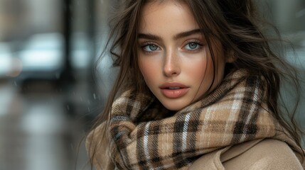 Obraz premium Stunning Portrait of a Young Woman in a Cozy Winter Scarf