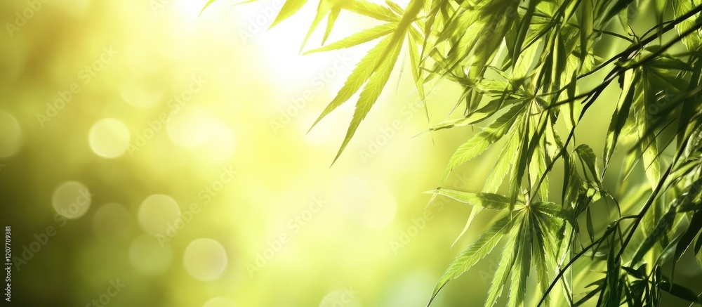 Poster sunlit green hemp leaves with bokeh effect on natural background featuring soft light and empty spac