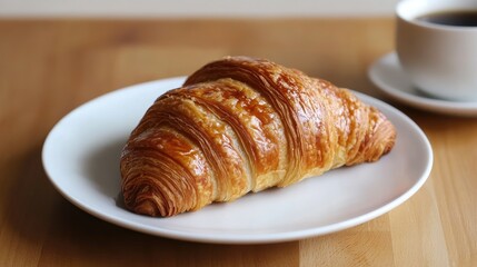 Cozy morning table setting with fresh homemade croissant and steaming coffee cup ready to start the day.