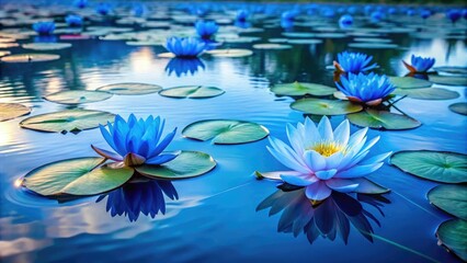 Blue water lily pads floating on the surface of a serene lake, botanicals, serenity
