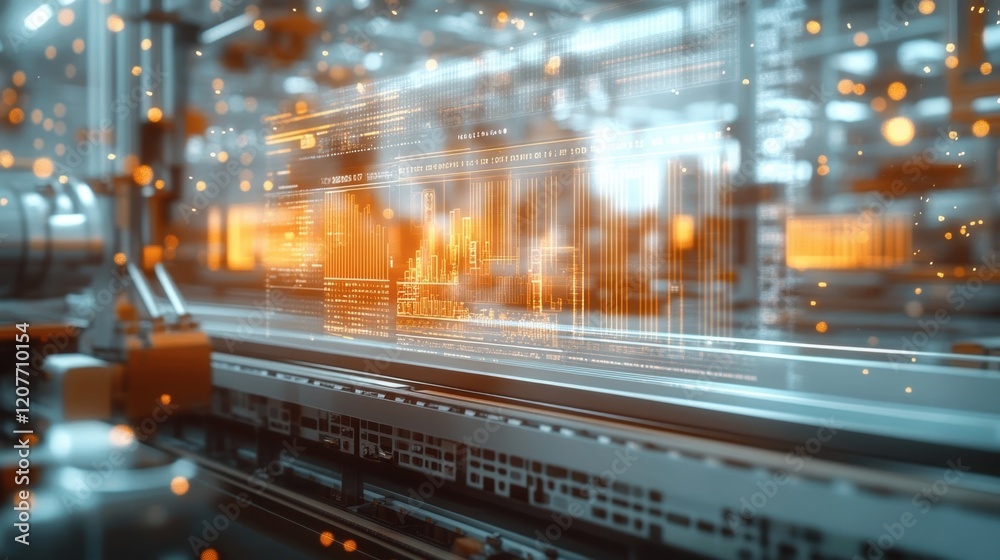 Poster futuristic automated assembly line in a factory setting using augmented reality interface displaying