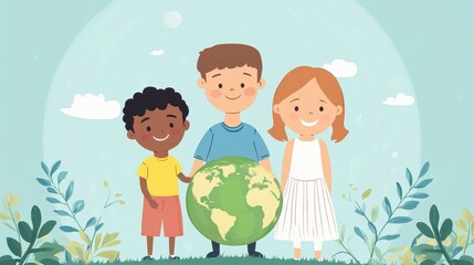 global in flat design front view environmental theme cartoon drawing triadic color scheme.