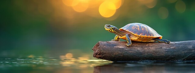 Turtle basking on a log surrounded by calm waters, vibrant green environment, symbolic of wetland life