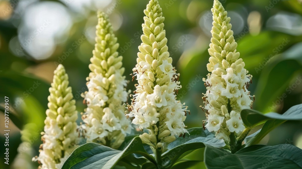 Poster phytolacca acinosa flower cluster in a lush garden setting with selective focus and soft background 