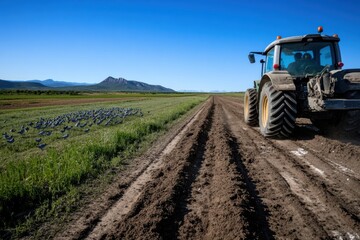 Fototapeta premium A tractor plows through a lush green field, showcasing the beauty of agriculture under a serene blue sky and mountain backdrop. The scene exudes tranquility and productivity.