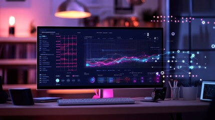 Obraz premium Futuristic computer showcasing complex charts, graphs, and business data analysis, illuminated by soft ambient lighting in a modern office at night, highlighting advanced analytics