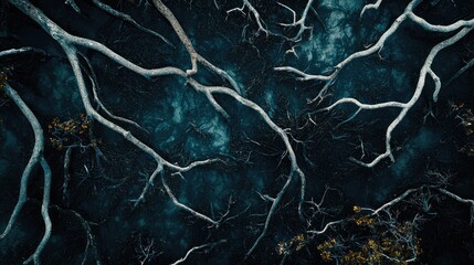 Aerial view of intricate mangrove roots in a tropical forest emphasizing natural beauty and abstract patterns with space for text overlay