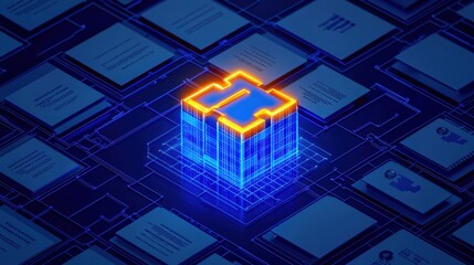 Data protection law and firewall, A glowing digital structure on a blue grid background, symbolizing technology and innovation in a modern, abstract design.