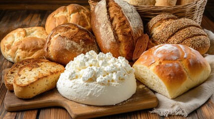 Naklejka premium Fresh Homemade Goat Cheese Surrounded by Assorted Artisan Breads on a Rustic Wooden Table with Warm Earthy Tones