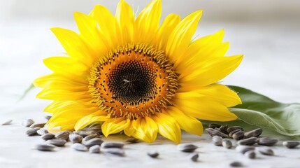 Obraz premium Vibrant Sunflower Blossom with Seeds on White Surface Natural Floral Still Life Composition