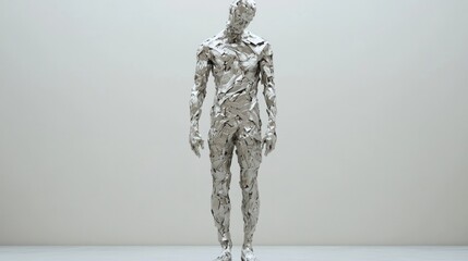 Enigmatic Metallic Figure   A striking and thought provoking futuristic humanoid sculpture in sleek reflective chrome with a surreal abstract and minimalist design