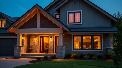 Luxury Modern Home Exterior at Night.  Stunning architecture, warm lighting, and inviting design.  Perfect for real estate listings and architectural showcases.