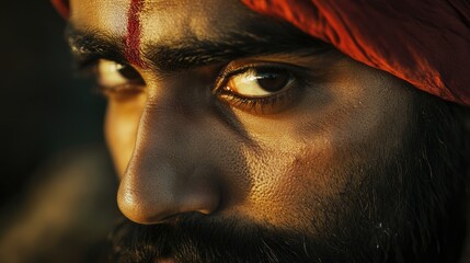 Close up portrait of a focused mechanic in traditional attire showcasing intense expression and intricate details of the face.