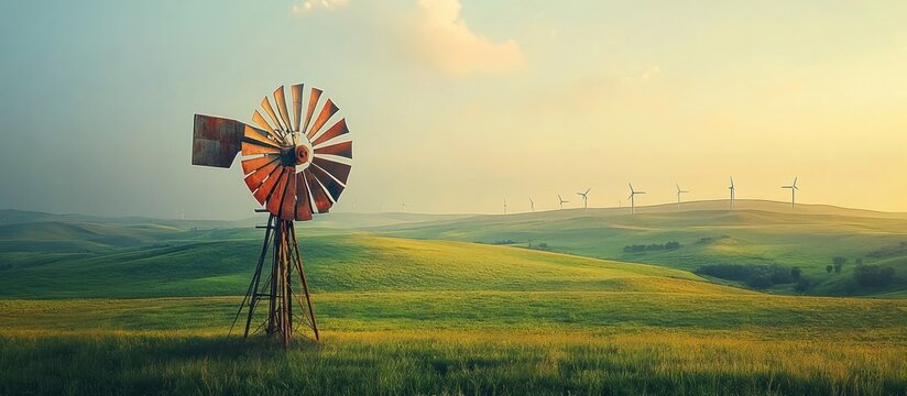 Vintage rustic windmill silhouetted against a scenic countryside landscape with rolling hills green fields and a dramatic sky at sunset or sunrise  Renewable