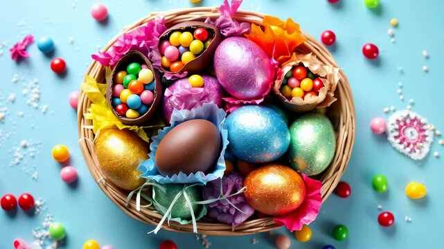 Colorful Easter Basket Filled with Chocolate Eggs and Candy on Blue