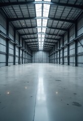 Obraz premium Concrete floor inside industrial building. Use as large factory, warehouse, storehouse, hangar or plant. Modern interior with metal wall and steel structure with empty space for industry