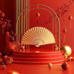 Red festive stage with fan, ornaments & branches.