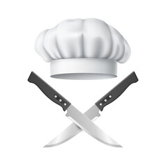 Chef hat with crossed knives. Restaurant or cafe symbol. Professional uniform for kitchen worker. Cooking vintage logo, realistic isolated culinary elements. Traditional headwear. Vector concept