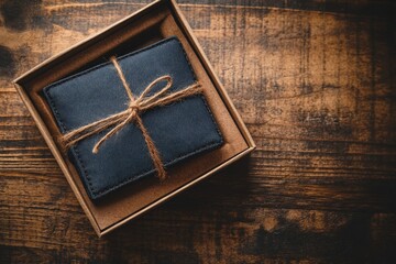 Close-up of gift a denim wallet in a box on a wooden table.