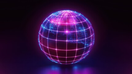 Obraz premium Globe with neon grid overlay, holographic style, connecting lights in cyan, dark backdrop, high-resolution illustration 