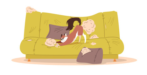 Cat scratched couch. Pet bed behavior. Domestic playfulness animal at home, nasty kitten destroying furniture. Living room with damaged dirty sofa. Cartoon flat isolated vector concept