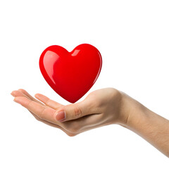 Fototapeta premium A Heartfelt Gesture: A delicate hand extends, cradling a vibrant red heart, symbolizing love, compassion, and care. The heart floats above the palm.