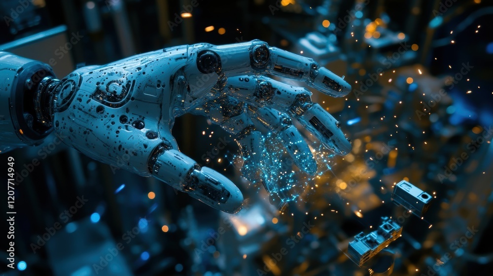 Poster advanced robotic arm manipulating digital data and assembling complex components within a futuristic