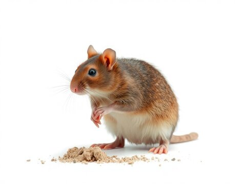 A brown rat with a dusty coat stands upright on a white background, its front legs splayed apart as it sweeps dust and debris with its paw, dust, cleaning