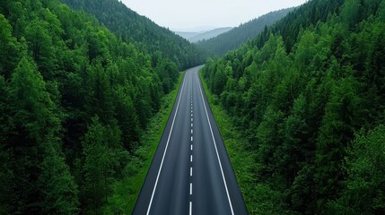 Obraz premium A serene, winding road stretches through lush green forests, offering a peaceful escape into nature's beauty.