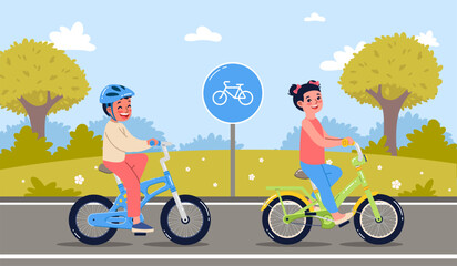Boy and girl riding bikes on bike path. Children on bicycle on city road. Kids transportation. Schoolboy in helmet. Leisure time and sport. Cartoon flat isolated vehicle illustration. Vector concept © YummyBuum