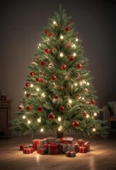 Christmas tree branches with ornaments and lights hanging from the limbs, festive, ornaments, greenery