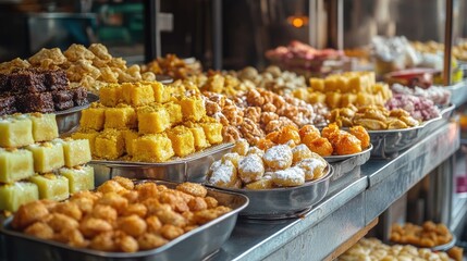 Obraz premium Colorful array of Indian traditional sweets displayed in an Asian street food market showcasing delicious desserts and tempting snacks