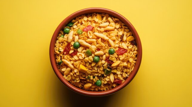 Bowl of traditional Indian poha chivda snack with green peas and nuts on vibrant yellow background