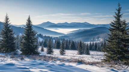 Breathtaking winter landscape of Rusionowa clearing with snow-covered mountains and lush evergreen trees under a clear blue sky