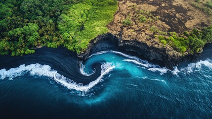 Aerial view of river basin showcasing vibrant textures and shades against rugged terrain with white foamy waves and dark volcanic landscape