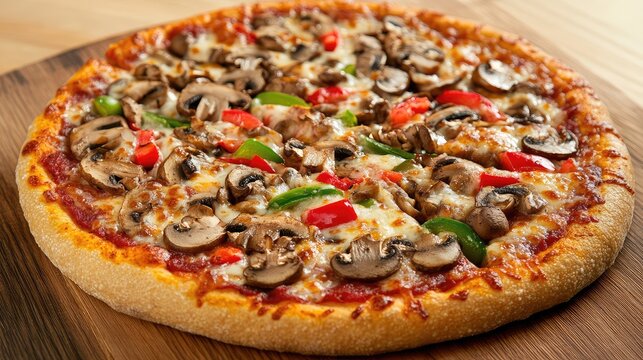 Freshly baked pizza topped with mushrooms, red and green bell peppers, placed on a wooden cutting board, featuring a golden crust and melted cheese.