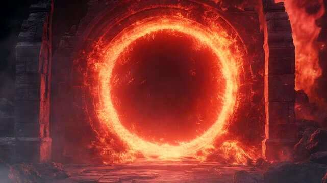 Fiery Ring Portal in a Desolate, Burning Stone Ruins
