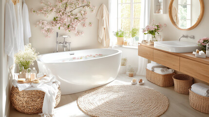 A room with a round bathtub and windows in a light, minimalist style.