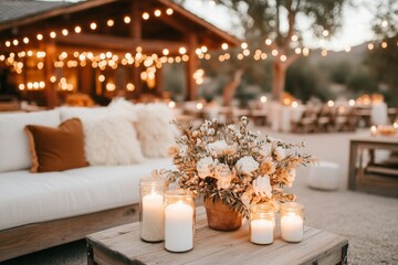 A yard transformed into an outdoor movie theater, with a projector screen, cozy seating, and snacks under the stars