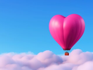 Fototapeta premium A vibrant pink heart-shaped hot air balloon floating above soft clouds in a clear sky.