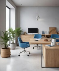 Clean and minimalistic office interior with a focus on natural materials and a white and blue color scheme, natural materials, modern architecture