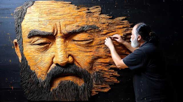 A man carves a detailed wooden portrait of a face, showcasing artistry and craftsmanship in a striking visual display against a dark background.