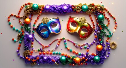Obraz premium A Mardi Grasthemed glitter frame of masks beads and colorful sparkles