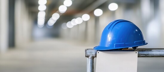 Help Wanted Sign in Construction Industry Featuring Blue Hardhat on Rail with Blurred Industrial Background and White Blank Text Space