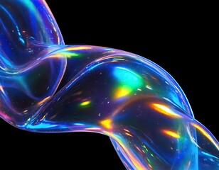 Iridescence Swirl: Abstract image of a swirling, iridescent, translucent form, glowing with vibrant, otherworldly colors against a deep black background. The smooth.