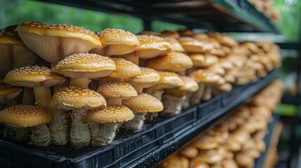Vertical mushroom farm showcasing abundant production of fresh fungi in a controlled environment