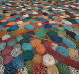 A colorful patchwork of fishing nets on the ground at the port, buoys, anchor, port